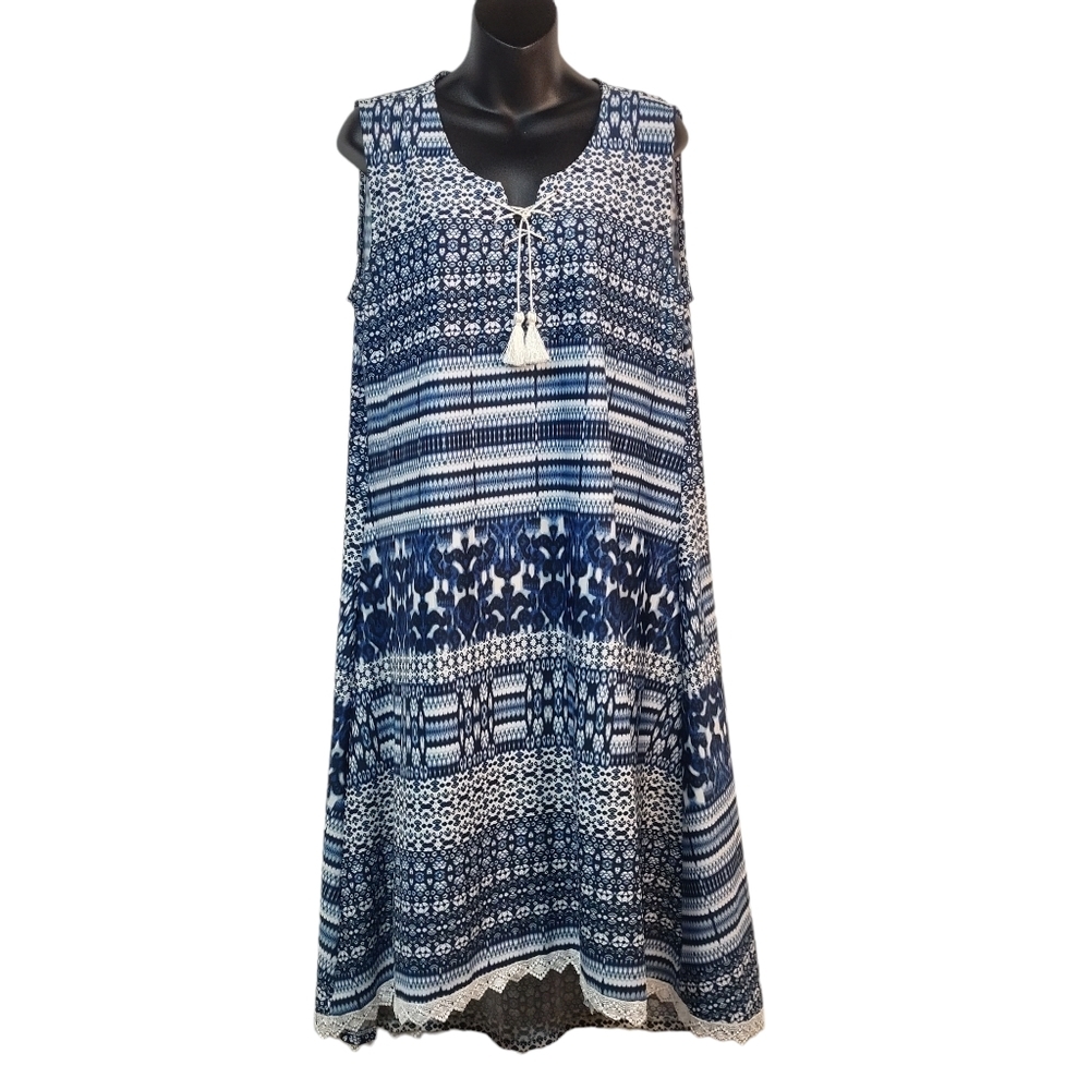 ONE WORLD Navy and White Patterned Midi Dress - Picture 1 of 8